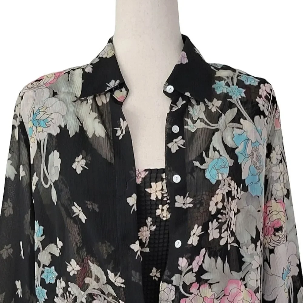 Vintage Nicola Black Floral Sheer Button Down Blouse With Matching Shell Size M - Picture 6 of 9